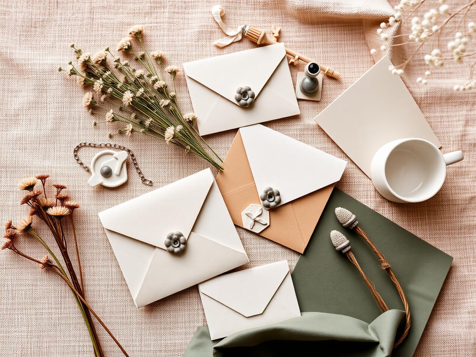 Handcrafted cash envelopes and dried florals styled on linen